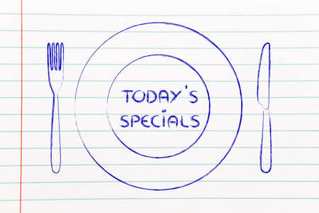 menu of the day and today's specials: fork, knife and plate restaurant themeの写真素材