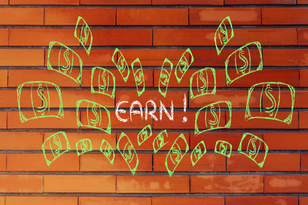 funny illustration with money exploding out of the command Earn!の写真素材