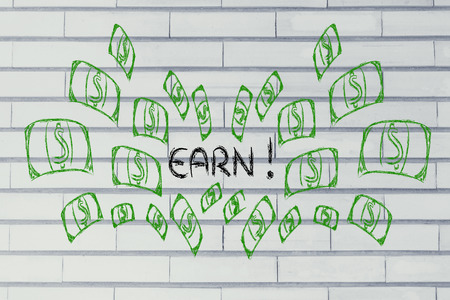 funny illustration with money exploding out of the command Earn!の写真素材