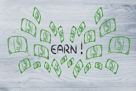 funny illustration with money exploding out of the command Earn!