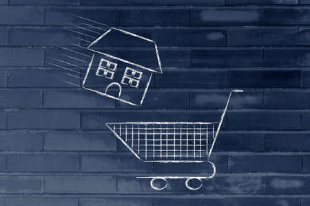 house launched inside shopping cart, concept of buying or moving houseの写真素材