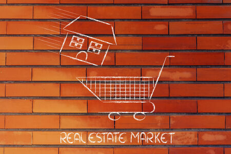 house launched inside shopping cart, concept of buying or moving houseの写真素材