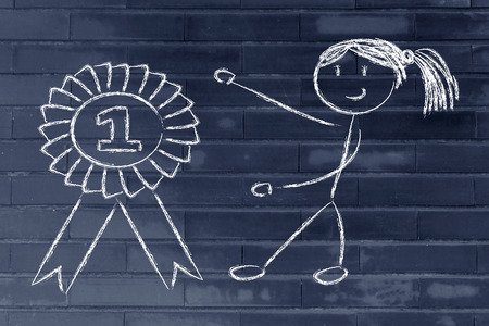 funny female character reaching success and being number oneの写真素材