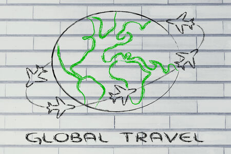 airplanes with trails flying around the world: global travel industryの写真素材