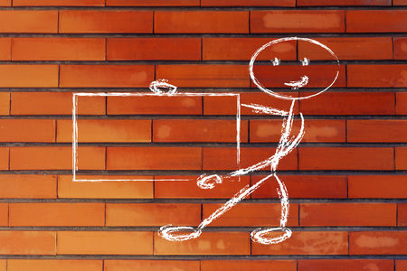 funny character holding empty board copyspace for your textの写真素材