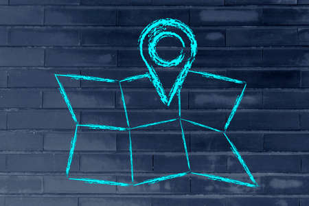illustration with funny map and geo tagging localisation signの写真素材