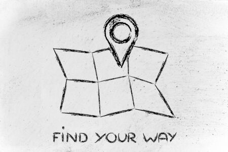 illustration with funny map and geo tagging localisation signの写真素材