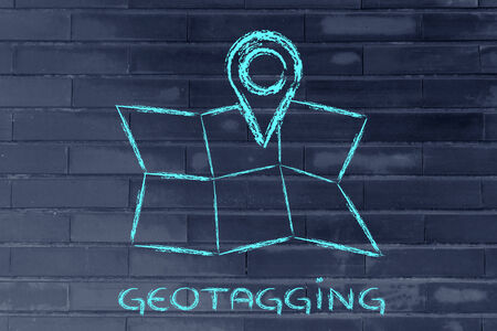 illustration with funny map and geo tagging localisation signの写真素材