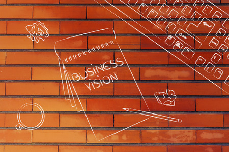 desk with keyboard, cup of coffee and memo with writing Business Visionの写真素材