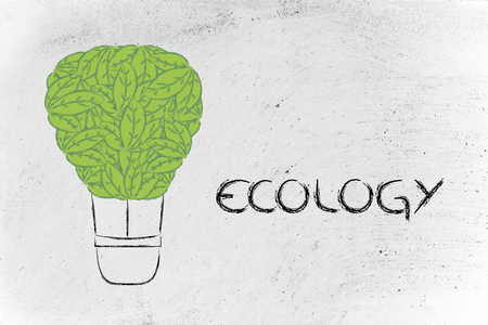renewable energy and ecology, funny metaphor with air balloon made of leavesの写真素材