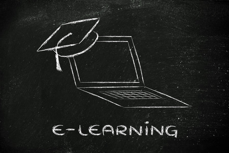 computer with graduation cap, metaphor of e-learningの写真素材