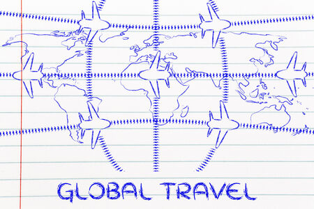 air traffic and plane trail over world map, booking holidays & the travel industryの写真素材