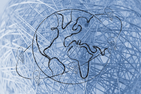 innovation and good ideas rule the world, lightbulbs revolving around the earthの写真素材