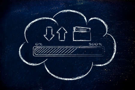 cloud computing and data uploads and downloads: progress bar and arrows with doc folder