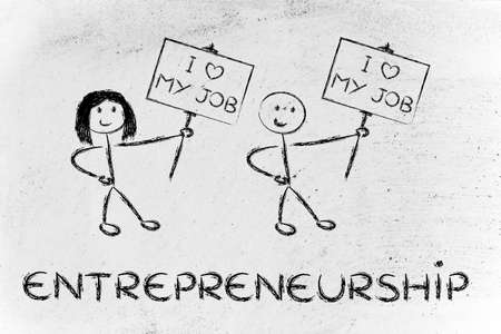 illustration with men and women holding signs that say I love my Jobの写真素材