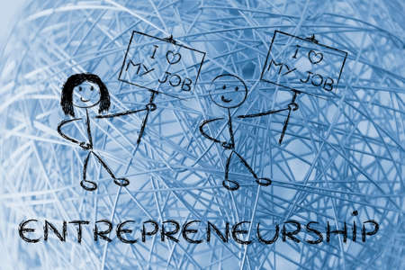 men and women entrepreneurs with signs that say I love my Jobの写真素材