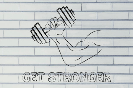 man biceps lifting weights: get stronger, fitness lifestyle and strength trainingの写真素材