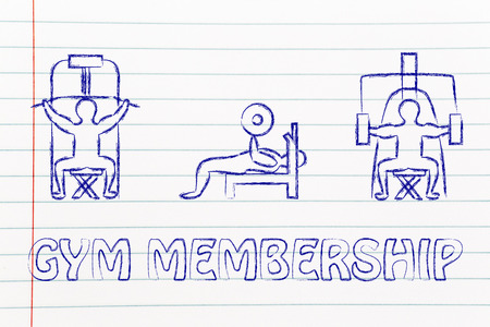 fitness lifestyle: man character lifting weights using gym machinesの写真素材
