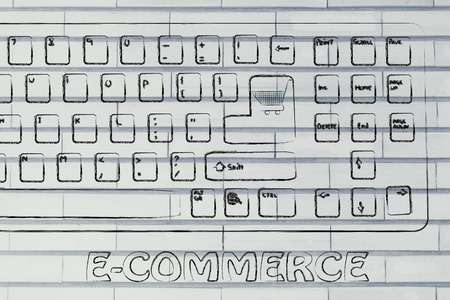laptop keyboard with shopping cart enter button, concept of e-commerce and buying shopping