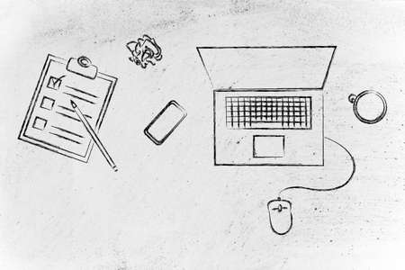 productive work: laptop, phone, coffee and list of task on a deskの写真素材