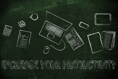 increase your productivity: desk with office work objectsの写真素材