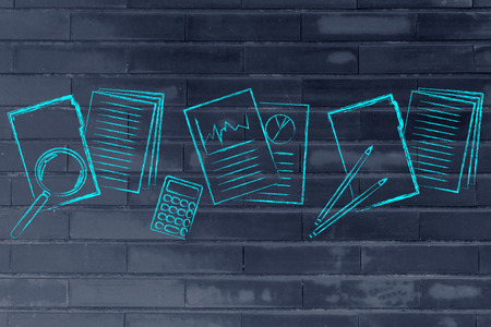 illustration of business plan folder, performance stats and budget documentsの写真素材