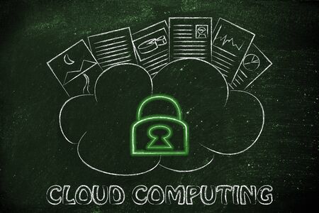 funny representation of cloud computing, uploaded documents on a loud with glowing safety lock