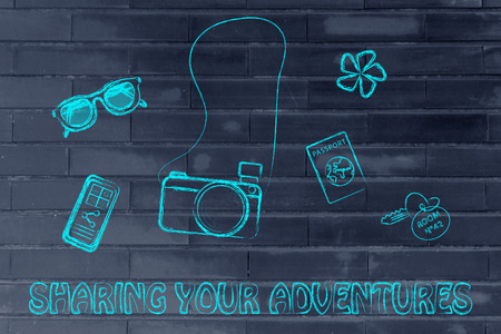 capturing your adventures and sharing your world: sunglasses, camera, passport, hotel room keys,...