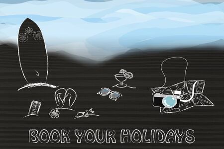 booking holidays and the travel industry: beach with tourist's objectsの写真素材