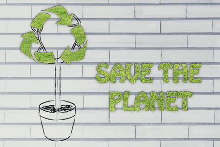 the Green eonomy: plant with Recycle symbol on his foliage, with writing Save the planetの写真素材