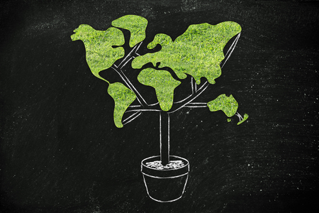the green economy: plant with the shape of a world map and grass textureの写真素材