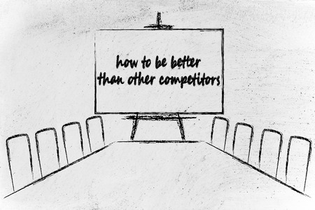 board meeting room with whiteboard and writing how to be better than competitorsの写真素材