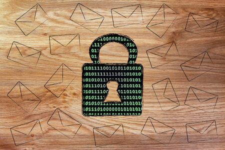data transfer security and encryption: lock with binary code texture surrounded by flying mailsの写真素材
