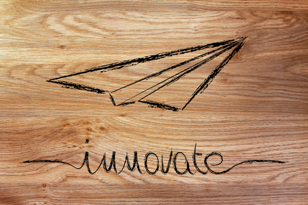 innovative ideas and creative thinking: metaphor illustration with paper airplane flyingの写真素材