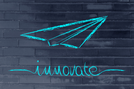 innovative ideas and creative thinking: metaphor illustration with paper airplane flyingの写真素材