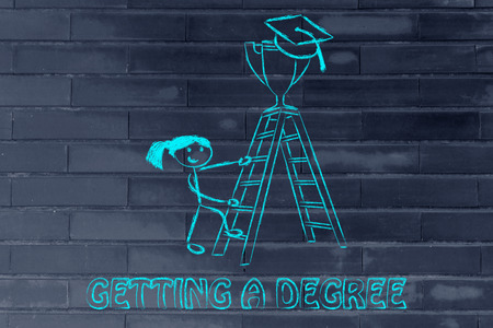 graduation hat and trophy up a ladder, concept of getting a degree (girl version)の写真素材