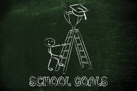 graduation hat and trophy up a ladder, concept of finding motivation for school goalsの写真素材
