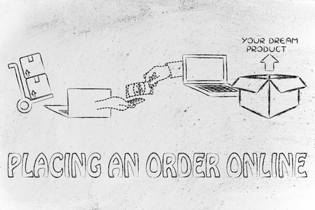 placing an order online: laptops, hands exchanging money and parcel deliveredの写真素材