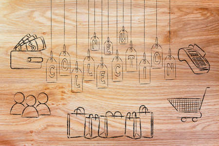 shopping & new collections: customers, cart, bags and walletの写真素材