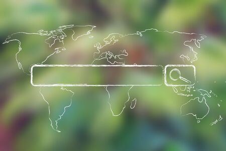 researches about the green economy, map of the world with web search bar (on blurred palm tree background)の写真素材