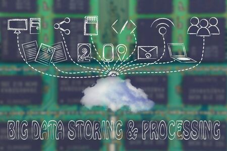 technology devices uploading and downloading data to a cloud, storage and processing