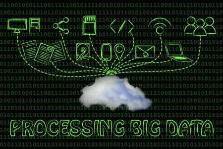 technology devices uploading and downloading data to a cloud, processing big data