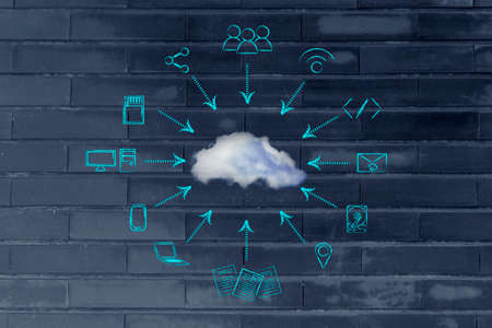 concept of big data and cloud computing: real cloud and technology devices illustrationの写真素材