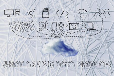 technology devices uploading and downloading data to a cloud, what are big data made of?の写真素材