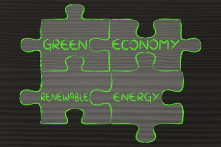 elements of ecology as pieces of puzzle: green economy and renewable energyの写真素材