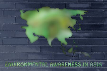 environmental awareness throughout the world: illustration with map of asia made of green leaves blurの写真素材