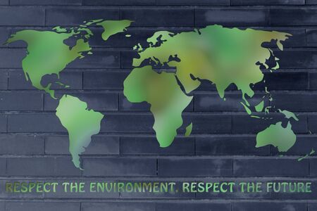 respect the environment, respect the future: illustration with map of the world made of green leaves...