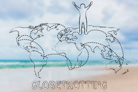 happy man standing on world map with travel itineraryの写真素材