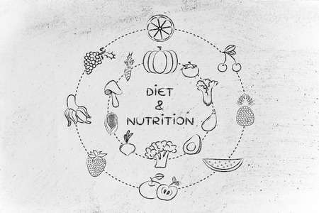 healthy food and nutrients: illustration about eating natural products like vegetables and fruitの写真素材
