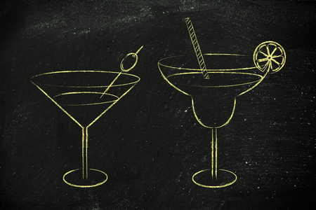 drink glasses with straws, coktail umbrellas and lemon slicesの写真素材